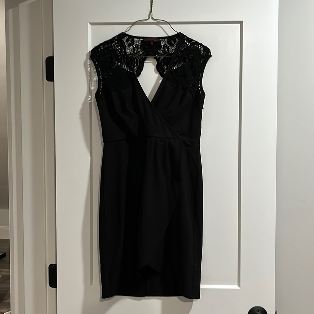 Black wrap front dress with lace on top